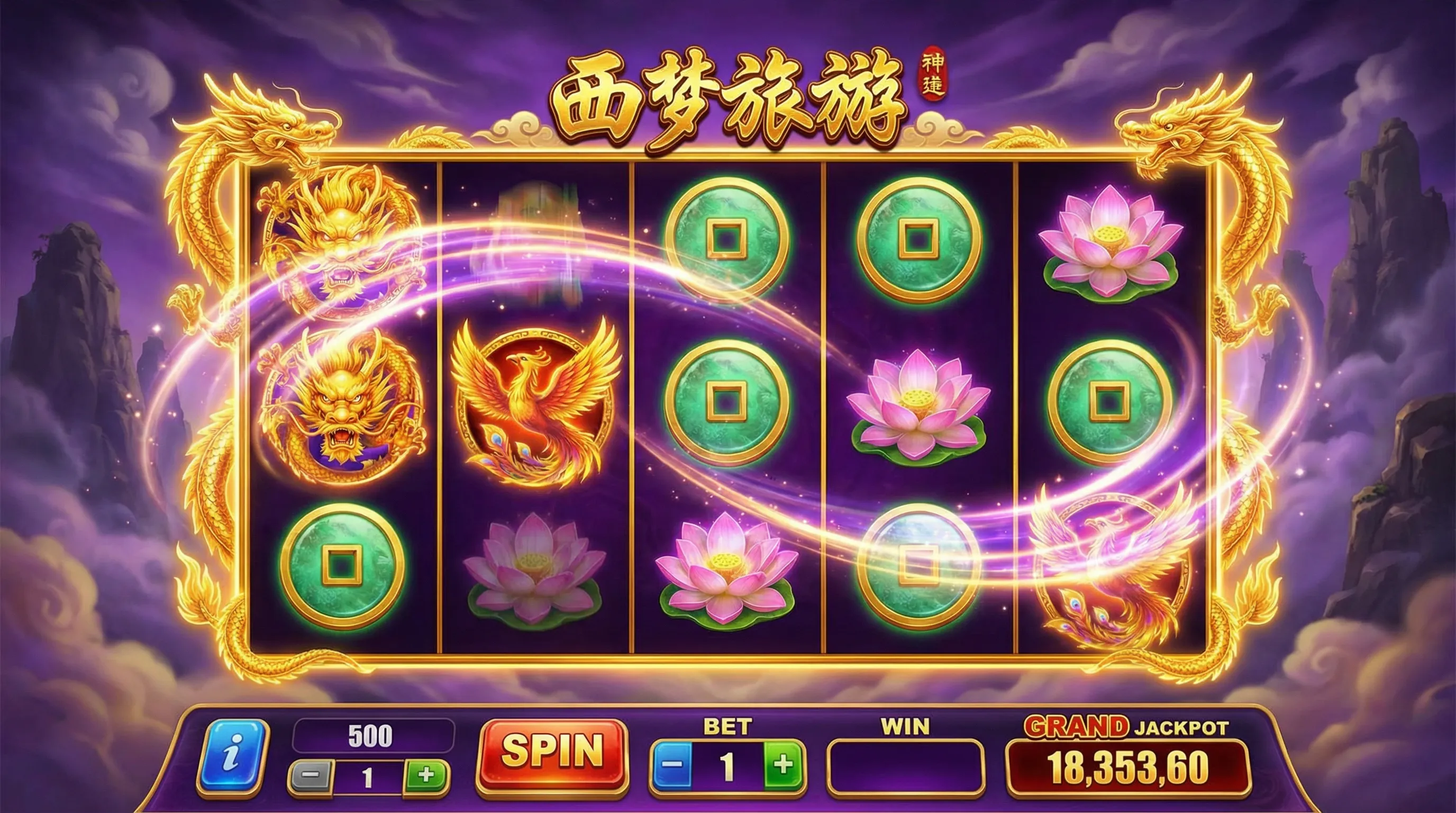 Caça-níqueis com tema de dragão dourado e símbolos orientais